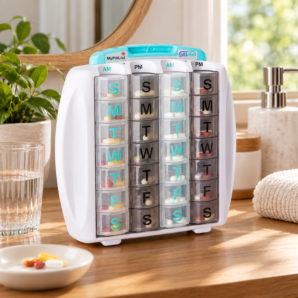 PillRite - Monthly Pill Organizer, Twice Daily AM and PM, 4 week pillbox. Easy and Simple to use dispenser for medications and vitamins. Storage Compartment for Medical Information. Free Travel Bag.