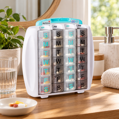 PillRite - Monthly Pill Organizer, Twice Daily AM and PM, 4 week pillbox. Easy and Simple to use dispenser for medications and vitamins. Storage Compartment for Medical Information. Free Travel Bag.