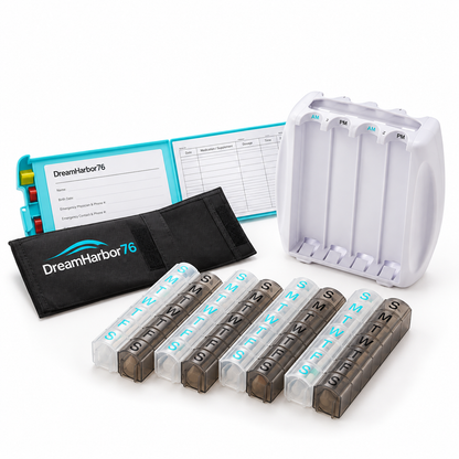 PillRite - Monthly Pill Organizer, Twice Daily AM and PM, 4 week pillbox. Easy and Simple to use dispenser for medications and vitamins. Storage Compartment for Medical Information. Free Travel Bag.