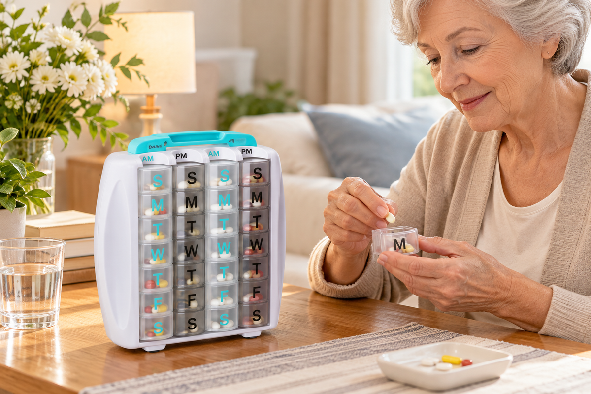 PillRite - Monthly Pill Organizer, Twice Daily AM and PM, 4 week pillbox. Easy and Simple to use dispenser for medications and vitamins. Storage Compartment for Medical Information. Free Travel Bag.