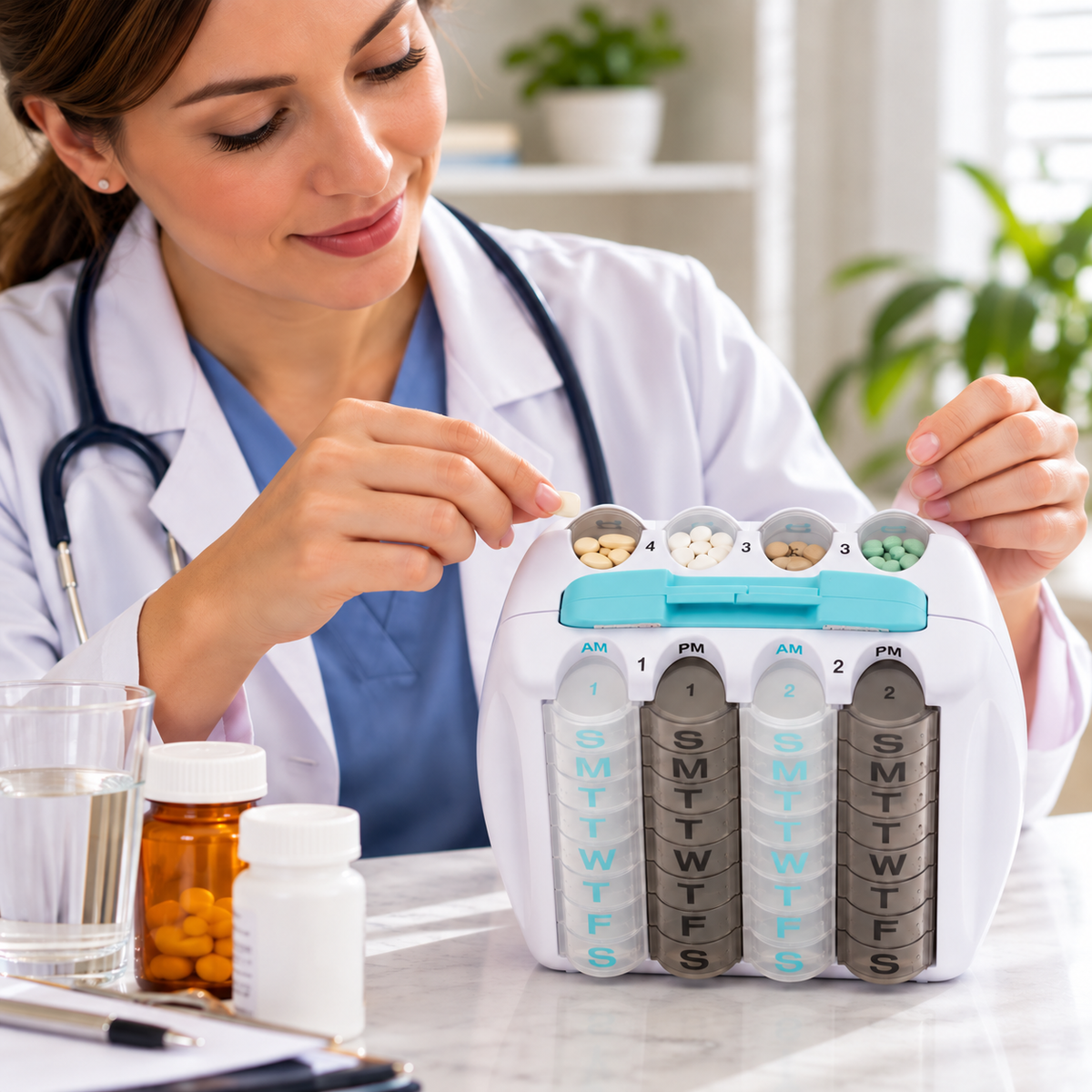 PillRite - Monthly Pill Organizer, Twice Daily AM and PM, 4 week pillbox. Easy and Simple to use dispenser for medications and vitamins. Storage Compartment for Medical Information. Free Travel Bag.