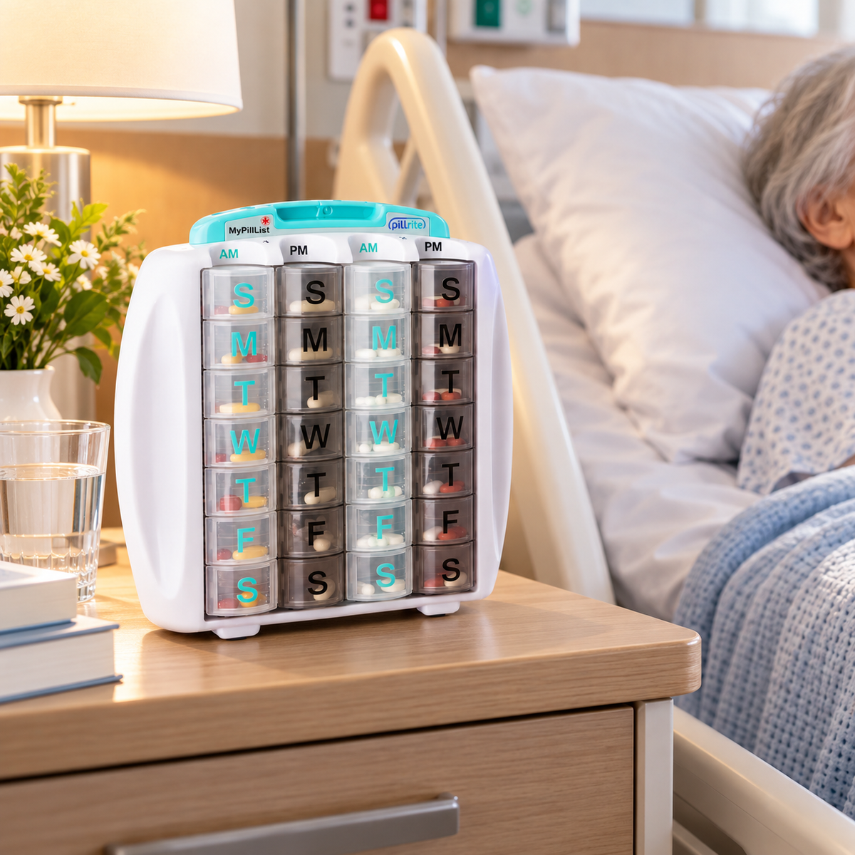 PillRite - Monthly Pill Organizer, Twice Daily AM and PM, 4 week pillbox. Easy and Simple to use dispenser for medications and vitamins. Storage Compartment for Medical Information. Free Travel Bag.