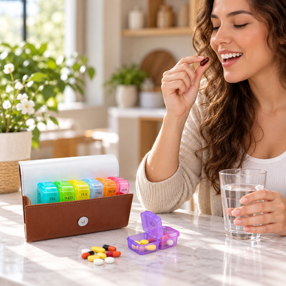 Weekly Pill Organizer 2 Times A Day,AM PM Large Daily Pill Box Medicine Organizer With PU Leather Case For Travel ,7 Day Pill Container For Vitamin Fish Oils Supplements