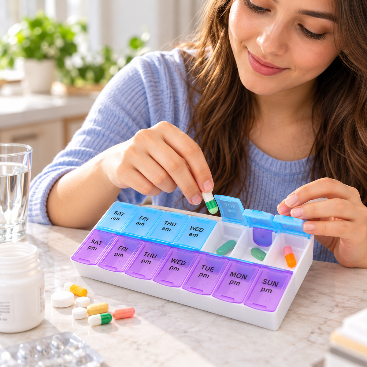 Unique Bargains Compact 14 Grids Double Row Pill Box for Travel and Daily Use Purple Blue