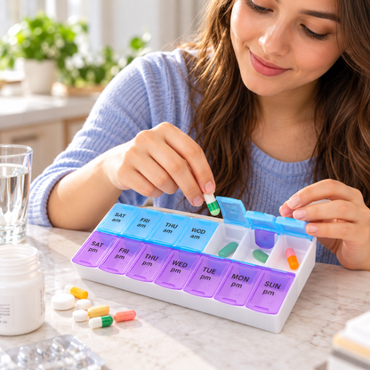 Unique Bargains Compact 14 Grids Double Row Pill Box for Travel and Daily Use Purple Blue
