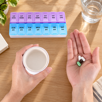 Unique Bargains Compact 14 Grids Double Row Pill Box for Travel and Daily Use Purple Blue