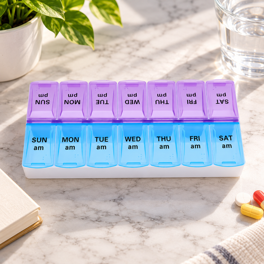 Unique Bargains Compact 14 Grids Double Row Pill Box for Travel and Daily Use Purple Blue