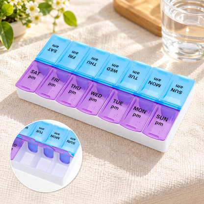 Unique Bargains Compact 14 Grids Double Row Pill Box for Travel and Daily Use Purple Blue