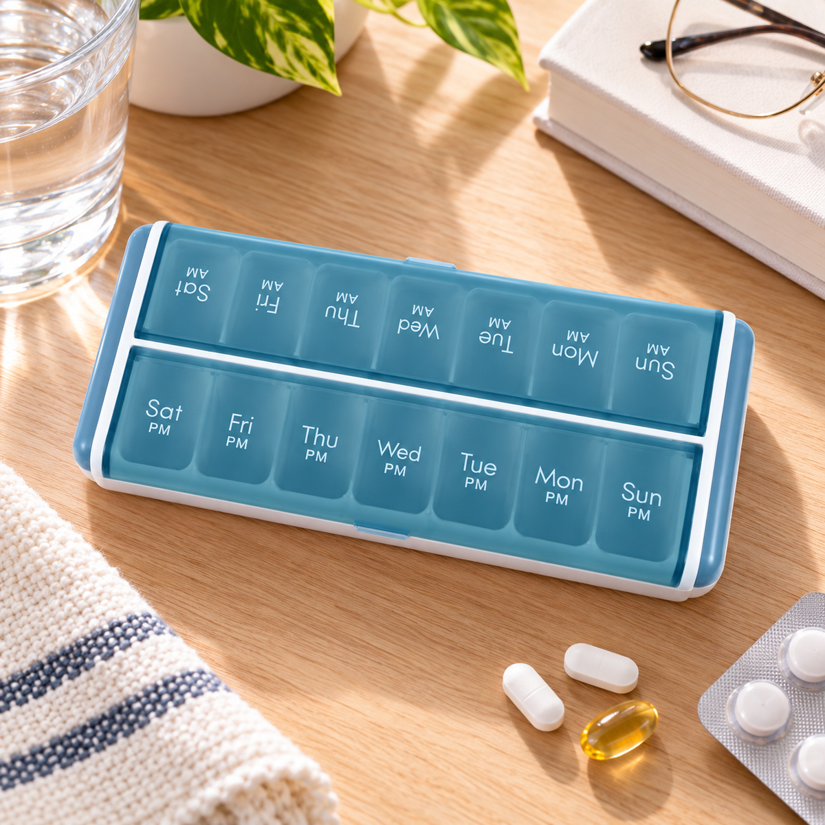 Unique Bargains 14 Grids Double Row Pill Case for Travel 1 Pc Blue