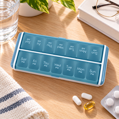 Unique Bargains 14 Grids Double Row Pill Case for Travel 1 Pc Blue